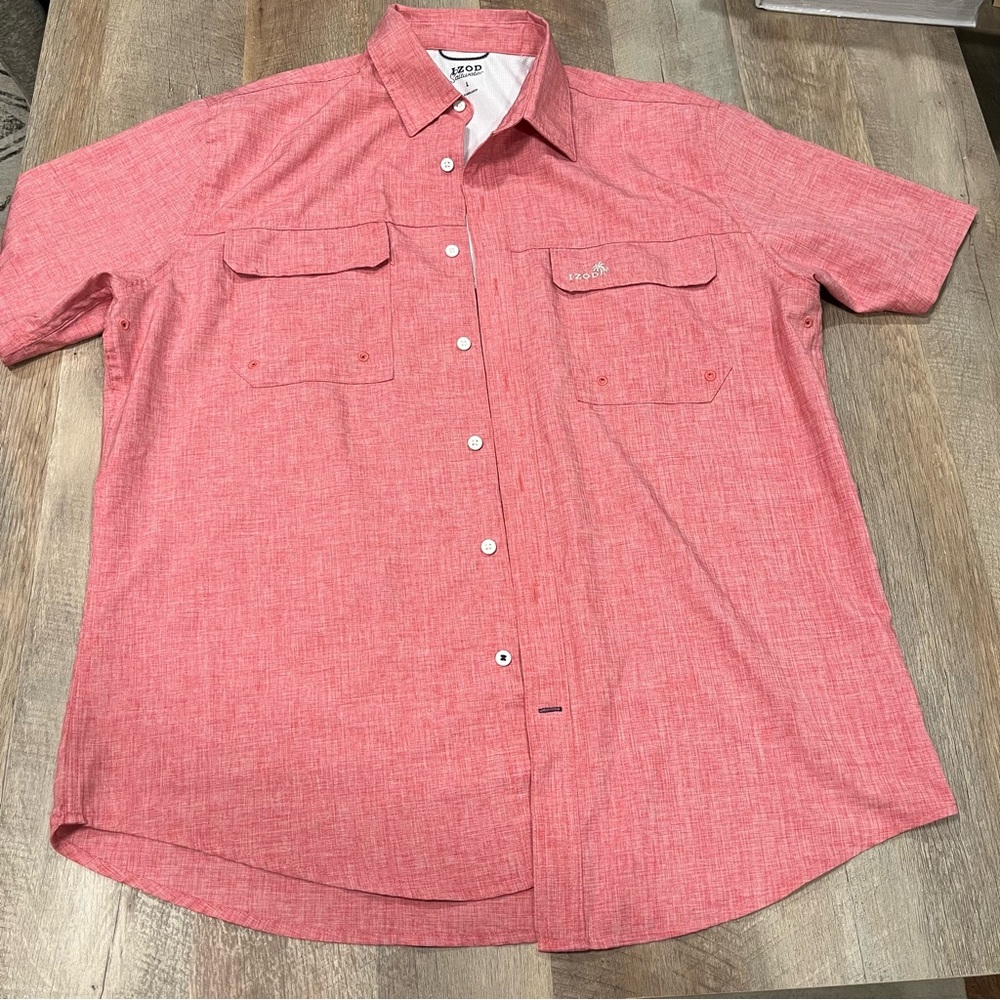 Izod Saltwater Shirt Men Large Short Sleeve Button Up Relaxed Classic Pink Red